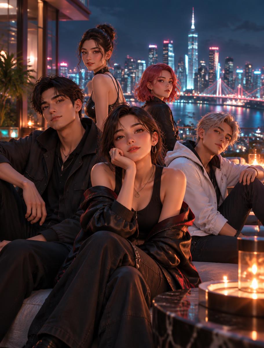 An animated ensemble on a city rooftop